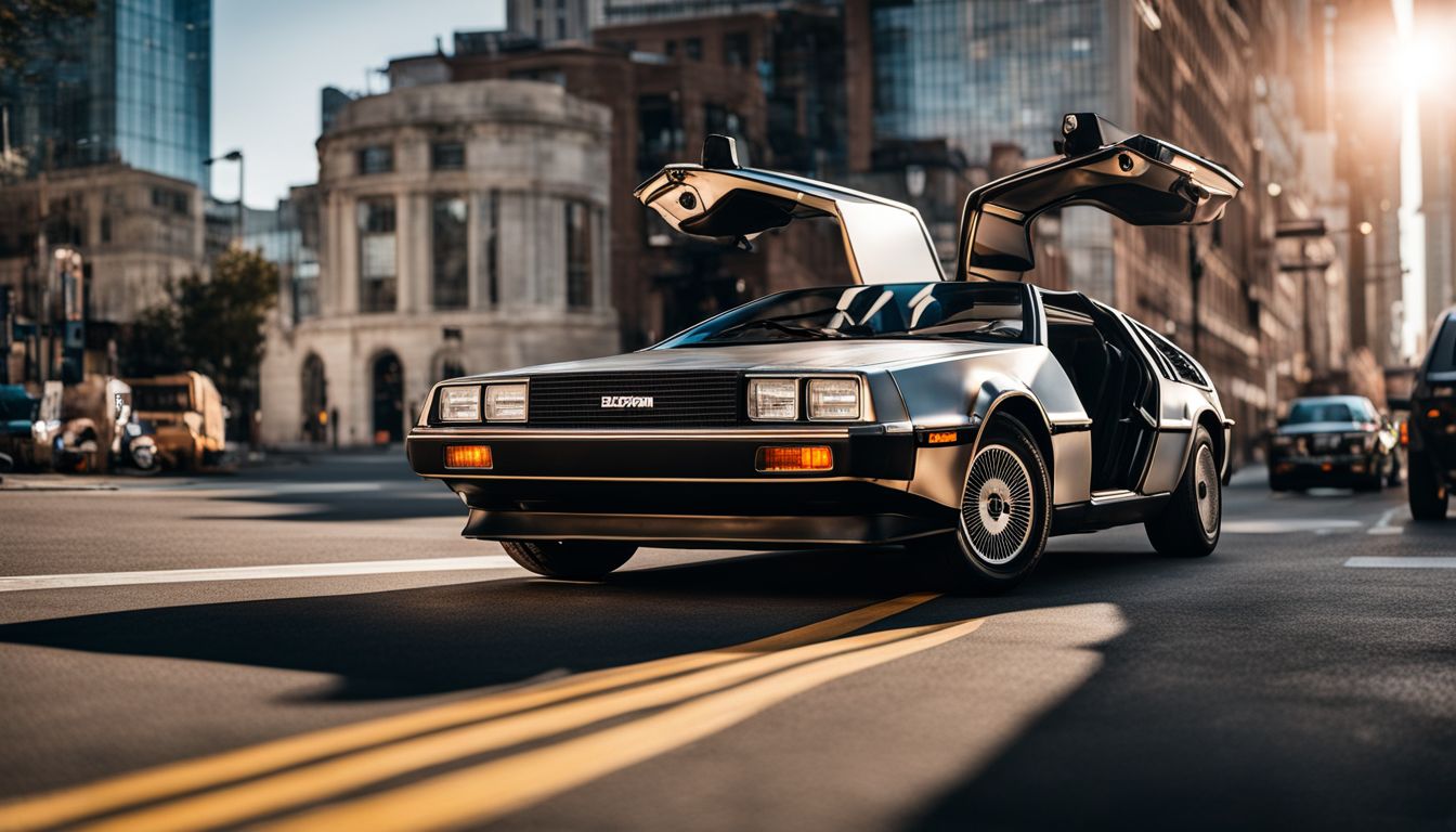 A DeLorean car glistens in a modern cityscape.