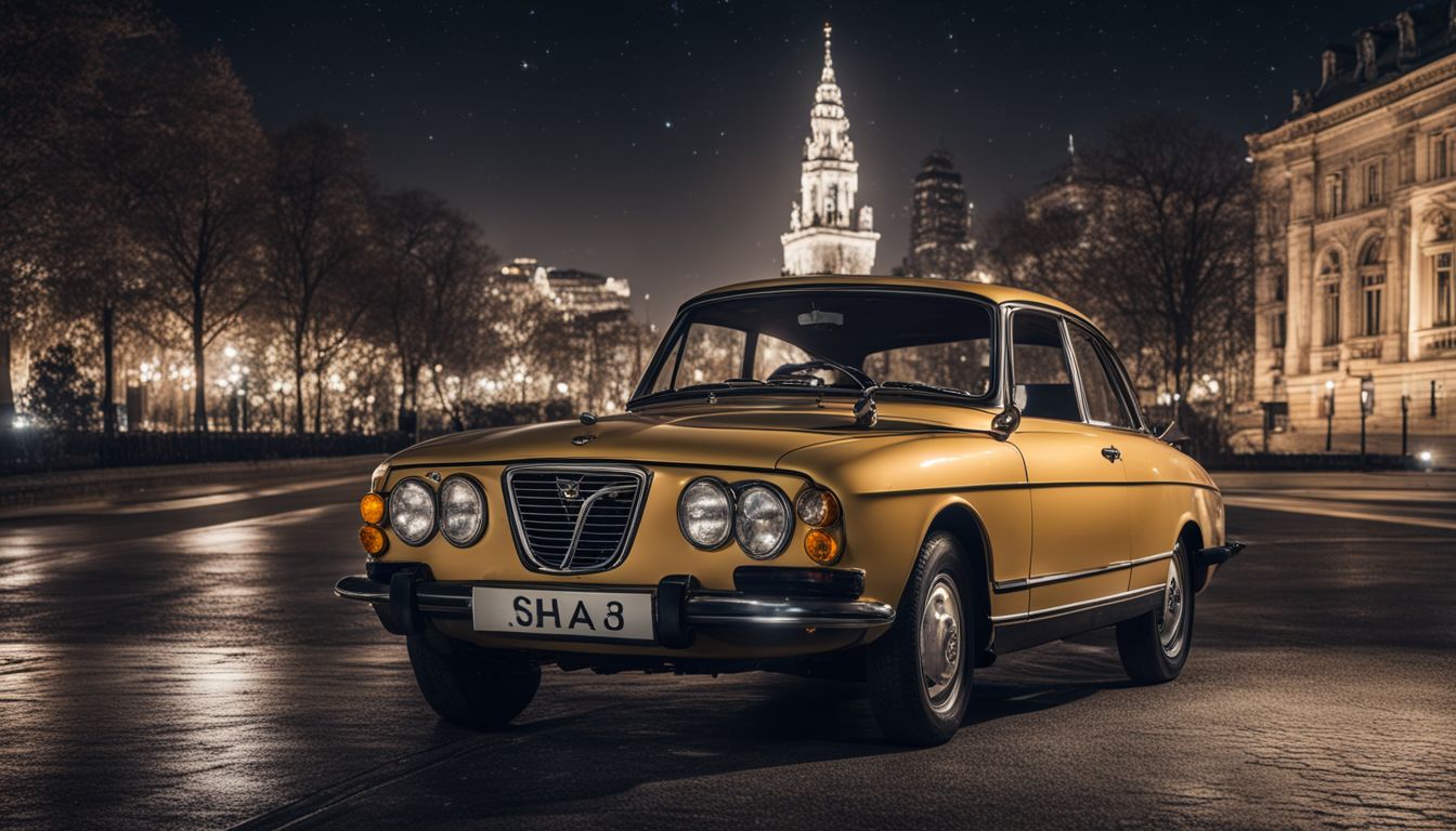 A vintage Saab car parked under a starry night sky.
