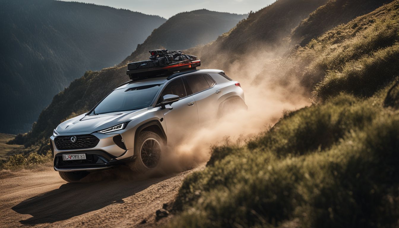 An R1X electric crossover going off-road in rugged terrain.