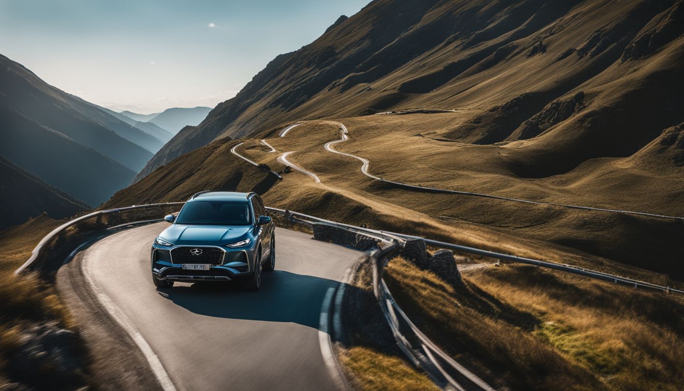An aerial shot of the R2 compact SUV driving through a scenic mountain road.