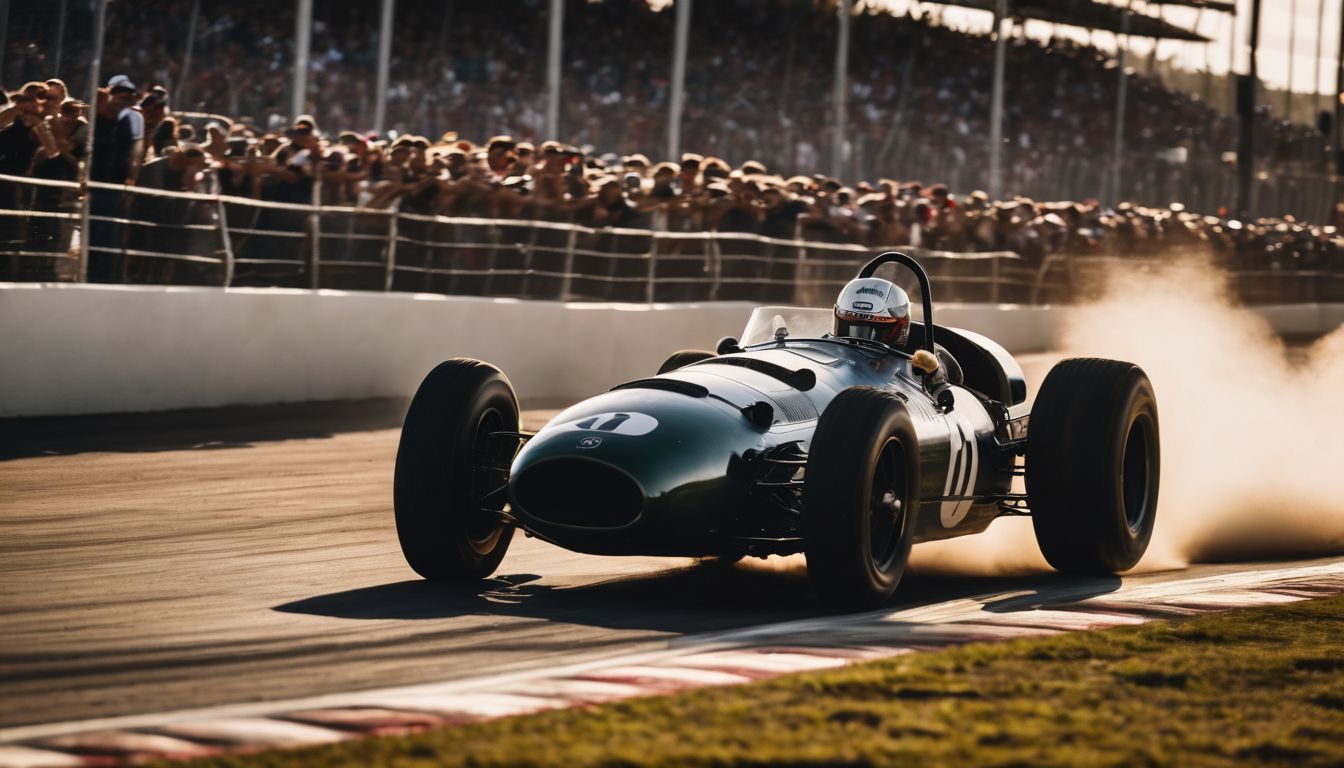 A vintage race car speeds down a track surrounded by cheering crowds.