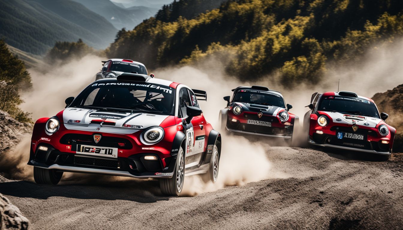 Abarth rally cars speeding through rocky mountainous terrain in a cinematic atmosphere.