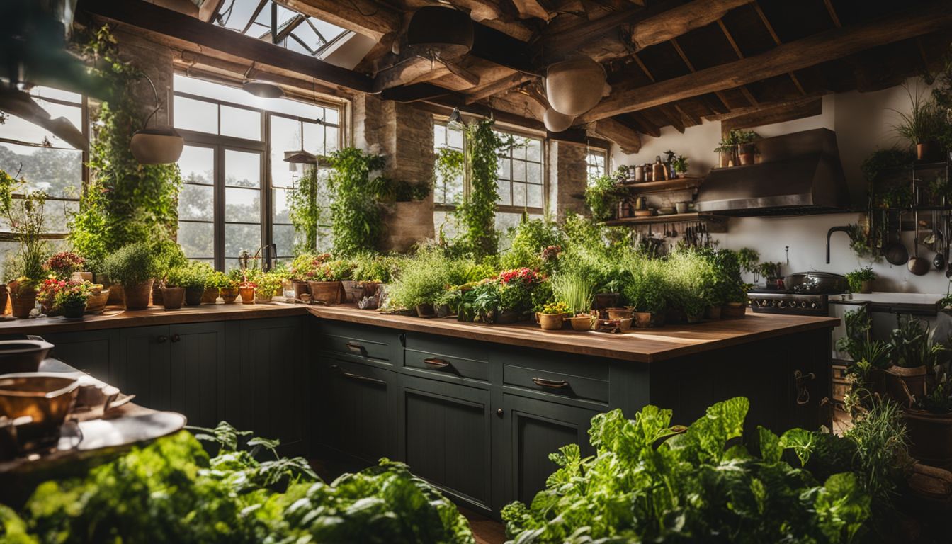 A thriving indoor kitchen garden with diverse plants and people.