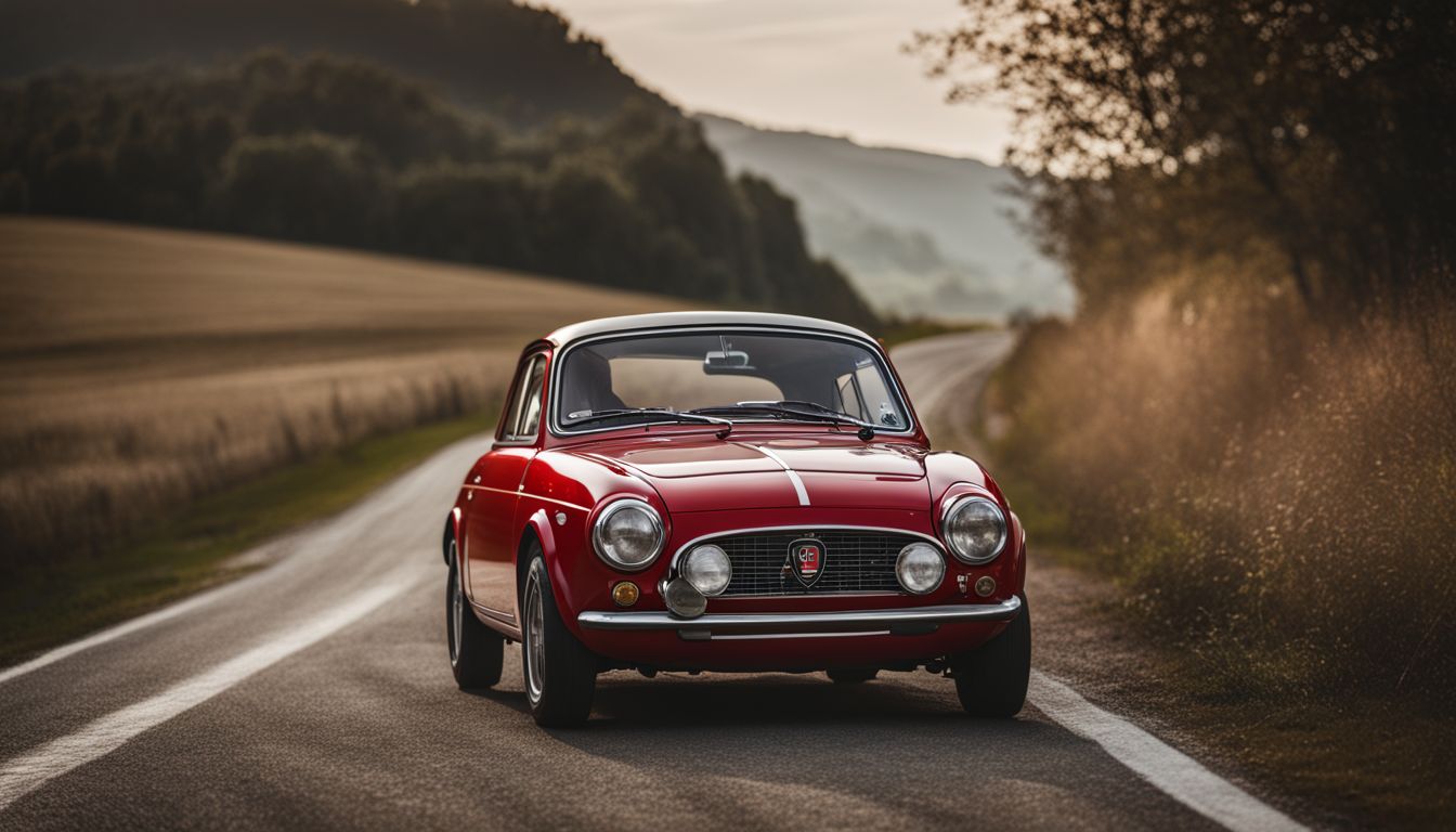 A vintage Abarth car races on a scenic Italian countryside road.
