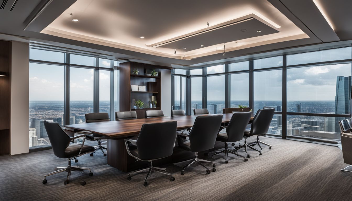An executive boardroom with modern furniture and technology equipment.