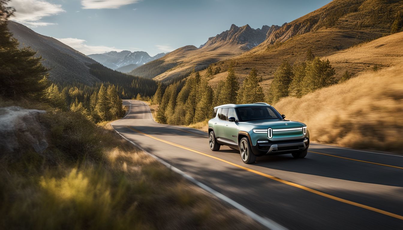 A Rivian electric vehicle driving through a scenic road.
