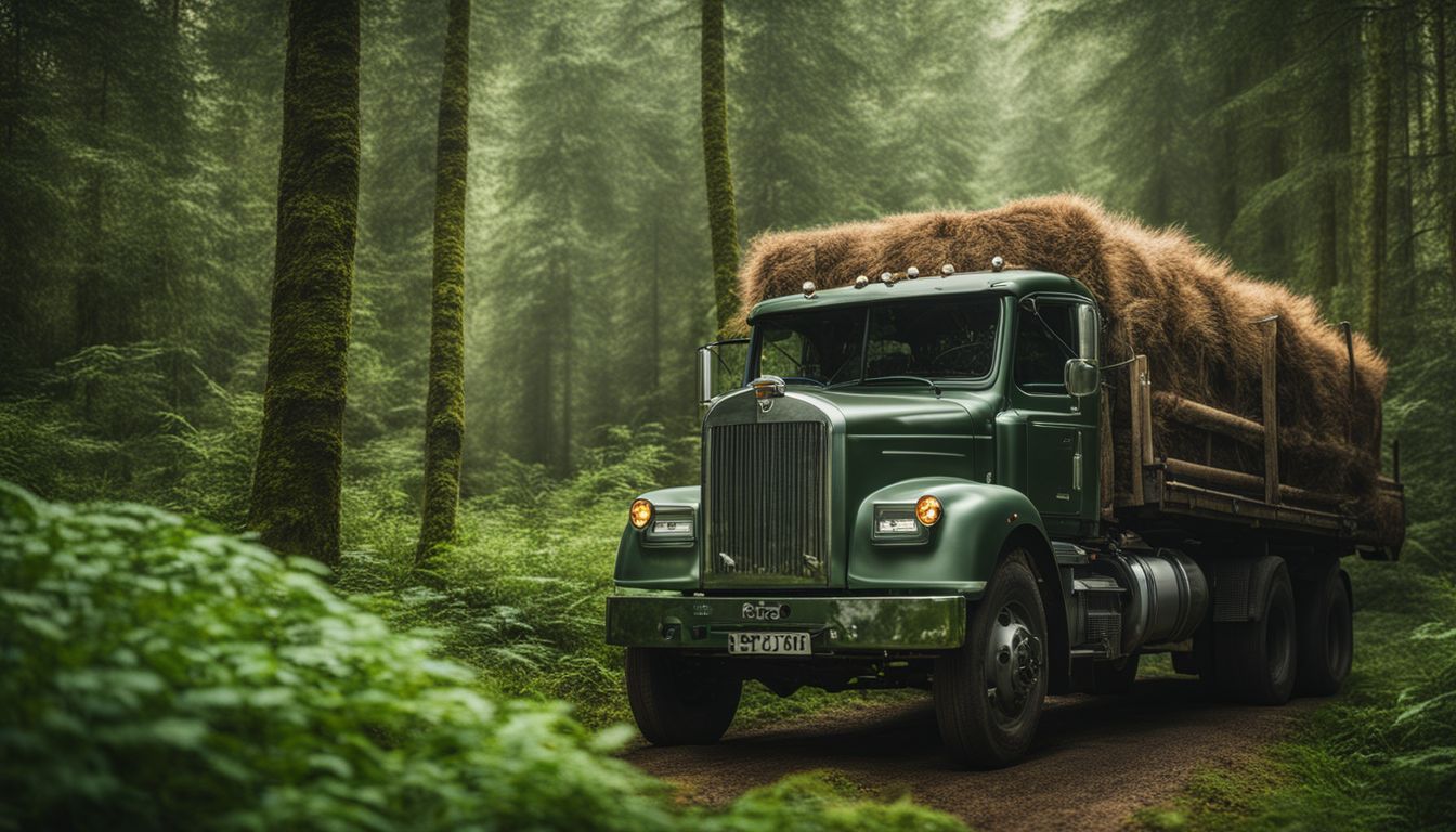 An eco-friendly truck drives through a lush green forest without people.