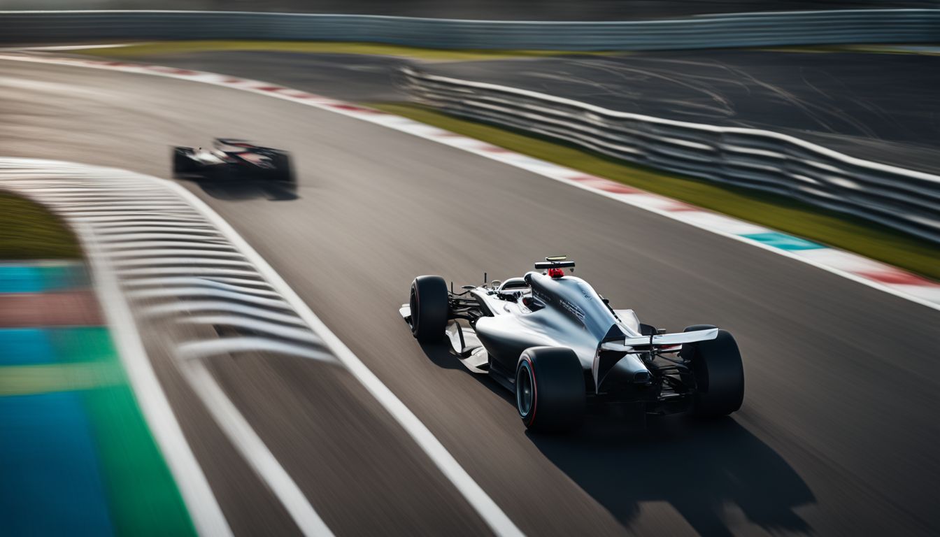 A futuristic Formula 1 car speeds on a racetrack.