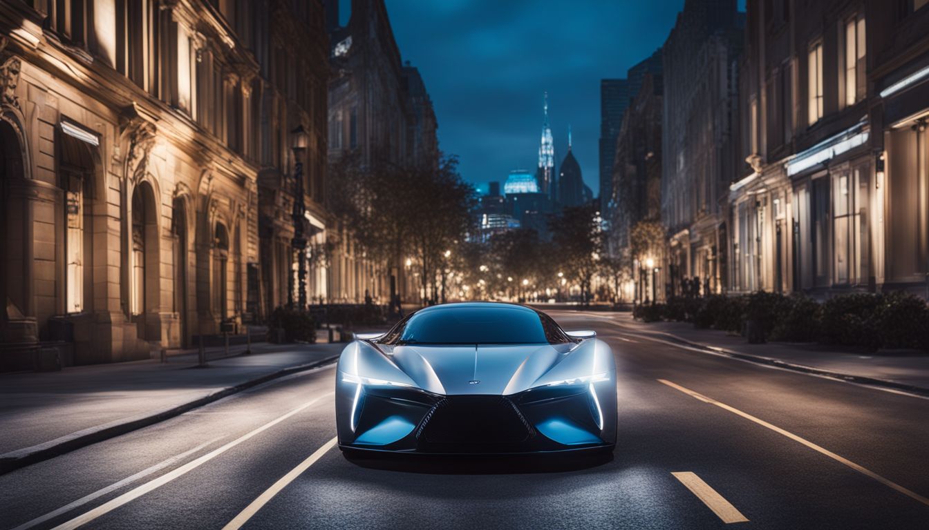 A futuristic car speeding through a well-lit city street at night.