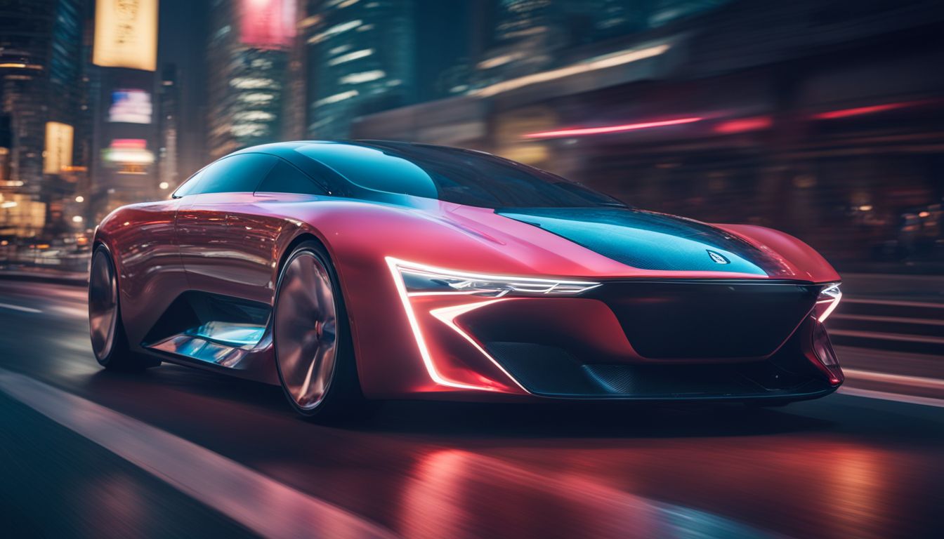 A futuristic concept car speeds through a neon-lit cityscape.