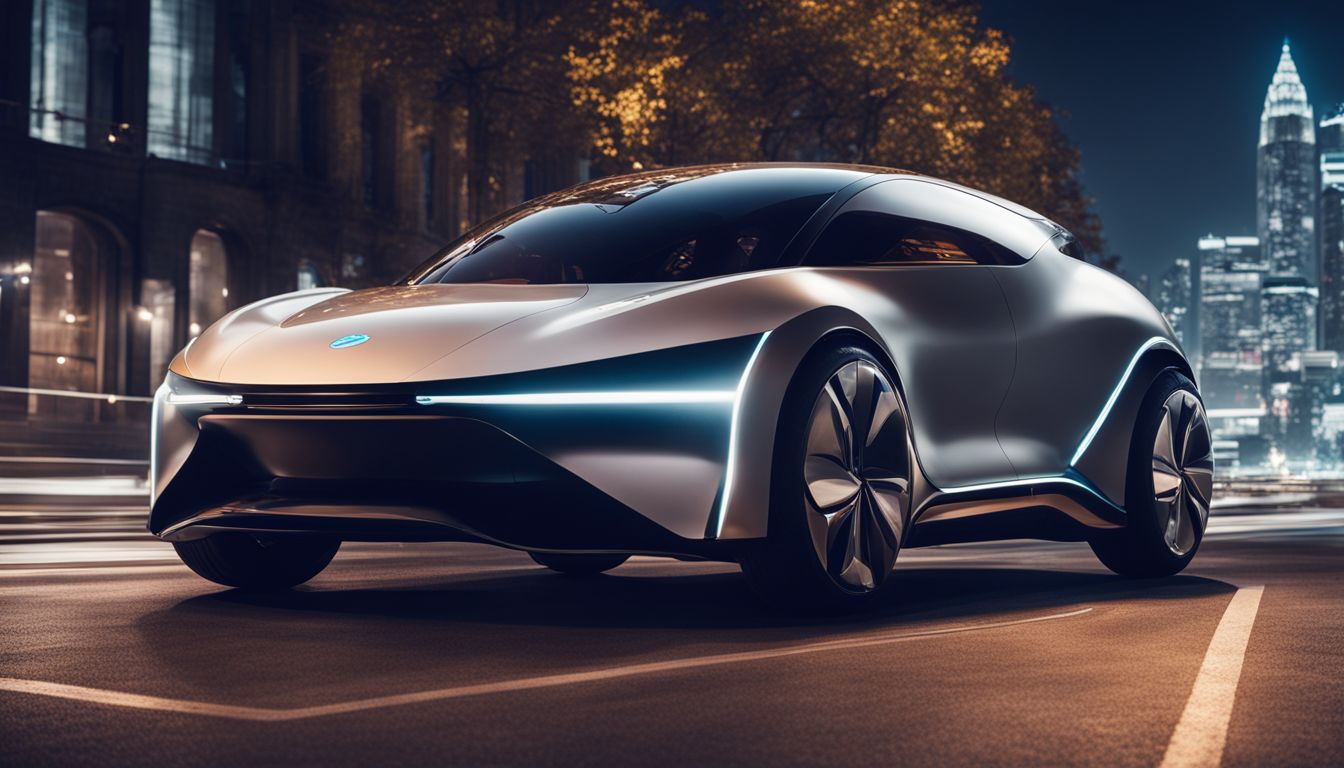 A futuristic electric car showcased against a cityscape backdrop at night.