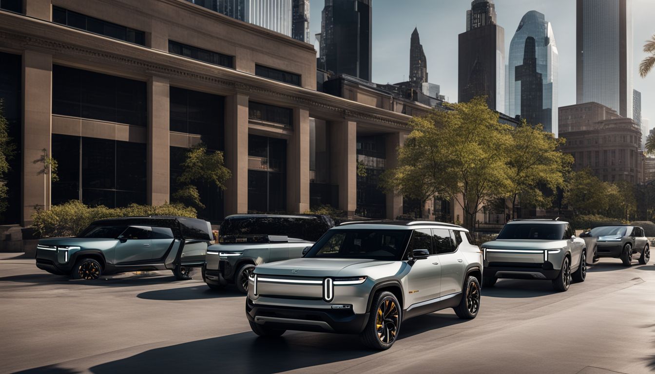 A lineup of Rivian electric vehicles in a futuristic cityscape.