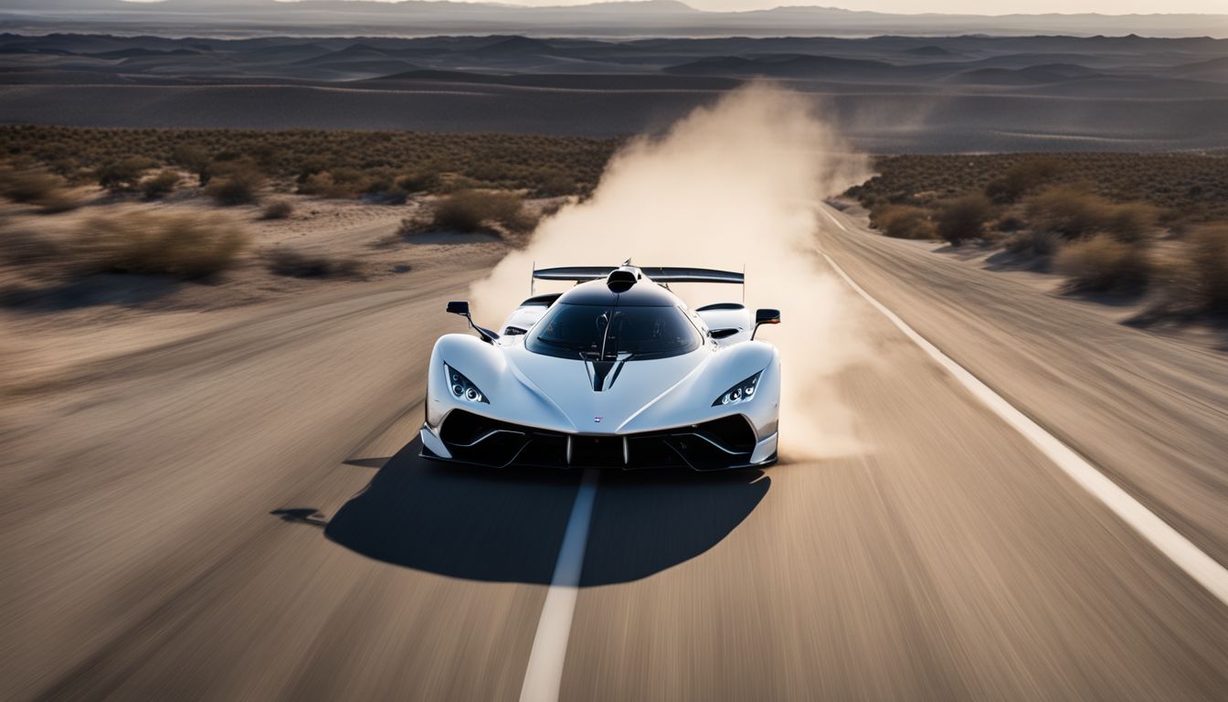 An aerial view of the SSC Tuatara racing down a desert road.