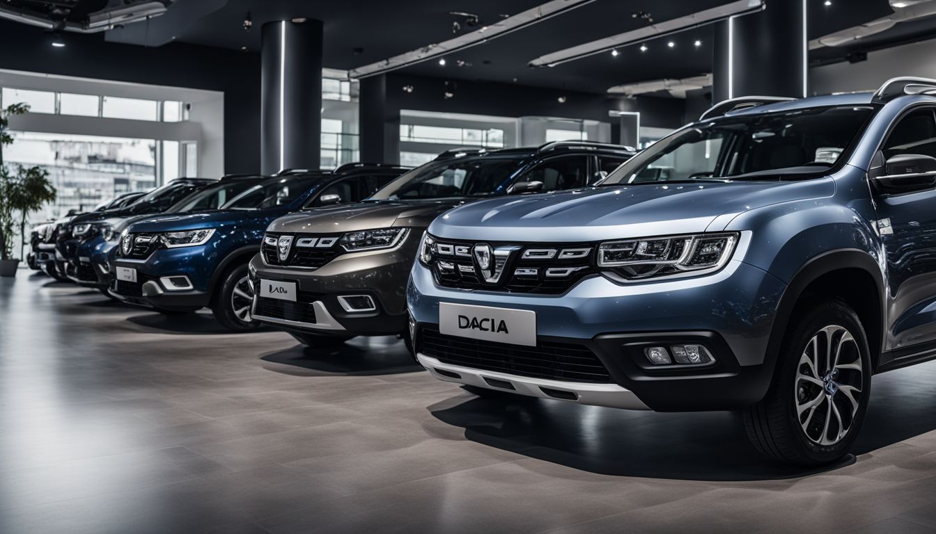 A lineup of Dacia vehicles in a well-lit showroom.