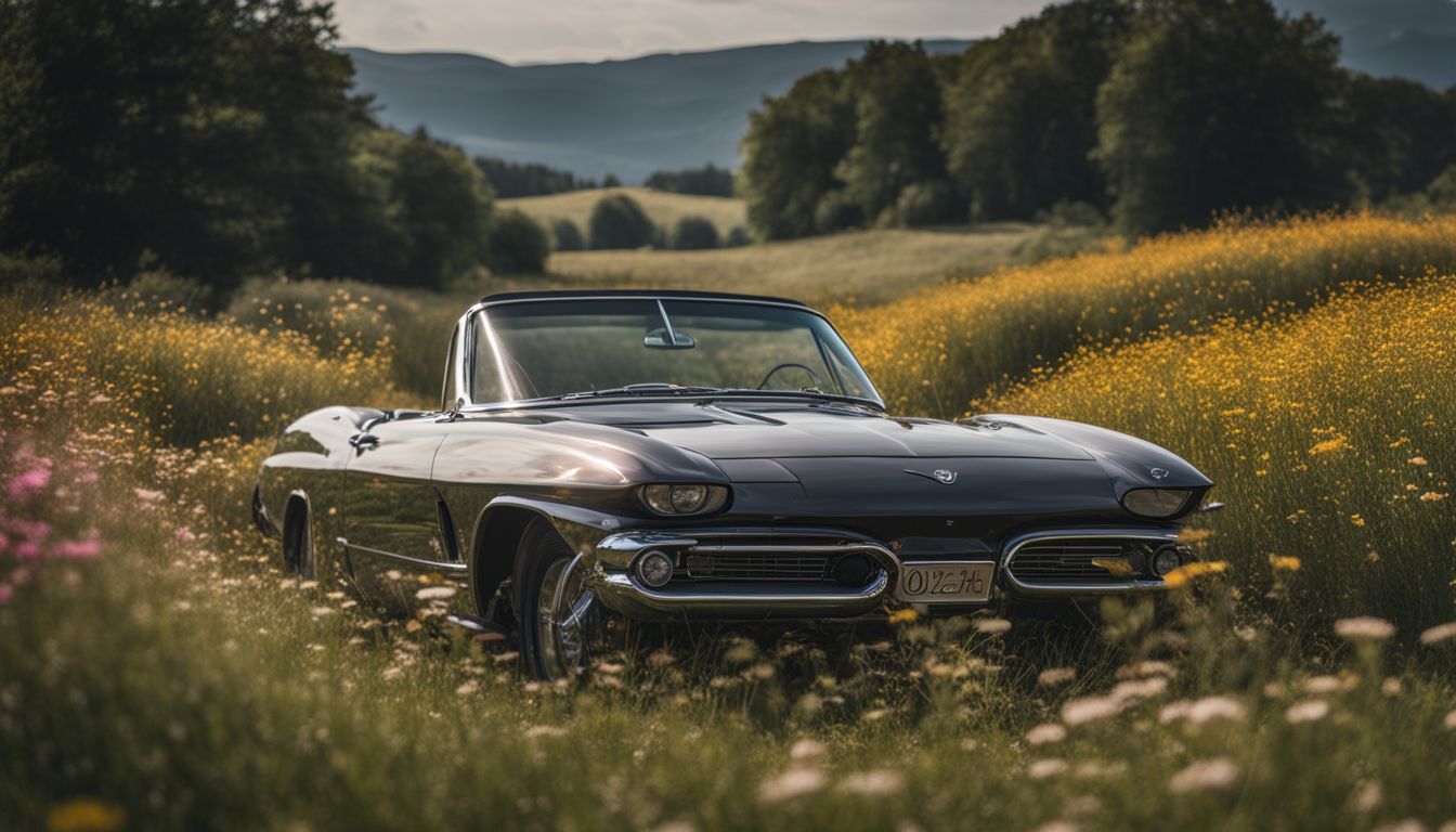 A car is parked among wildflowers in a picturesque field setting.
