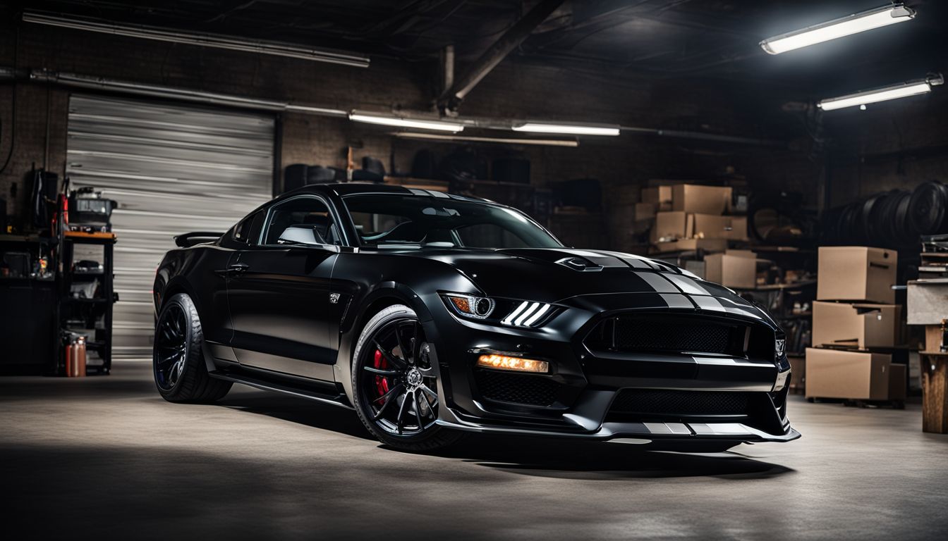 A black Shelby GT500 parked in a dimly lit garage.