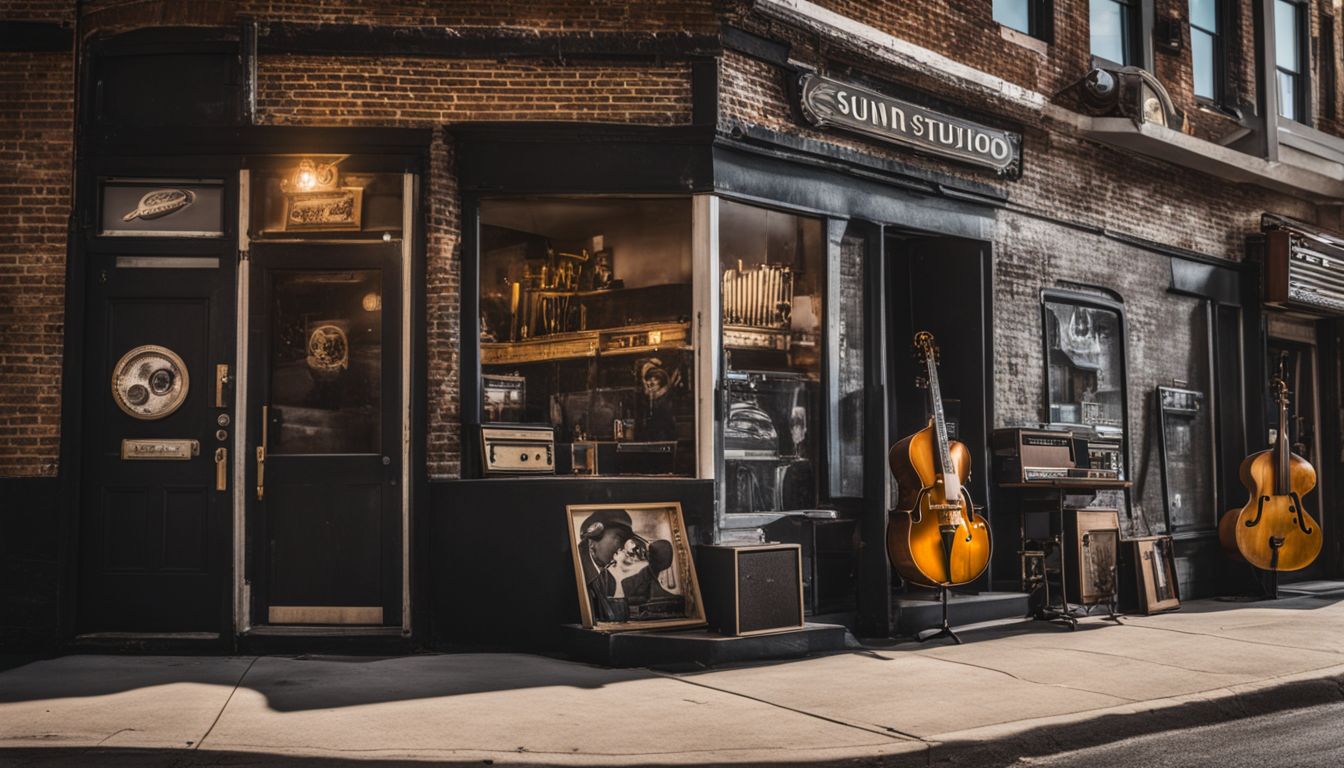 A vibrant photo of Sun Studio filled with music memorabilia and bustling energy.