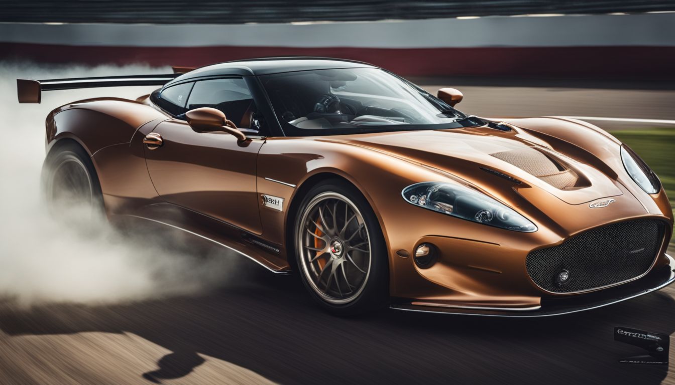 A Spyker sports car races on a track without any humans.