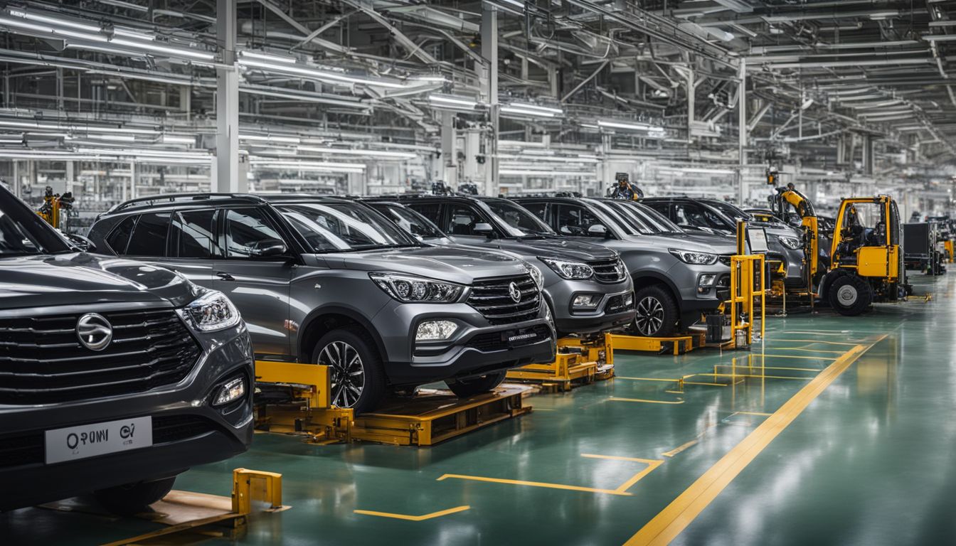 A photo of SsangYong's manufacturing plant with a wide range of vehicles.
