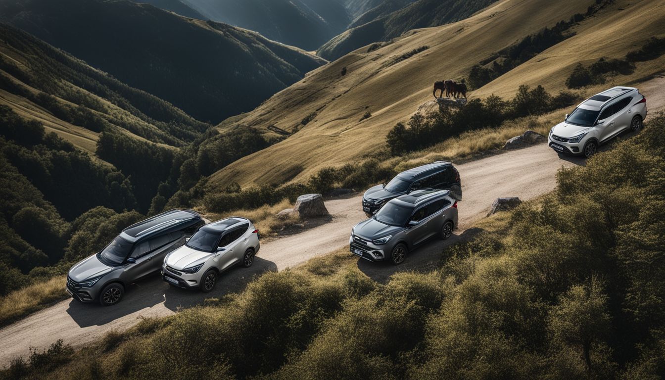 Aerial photo of SsangYong vehicles on rugged mountain road.