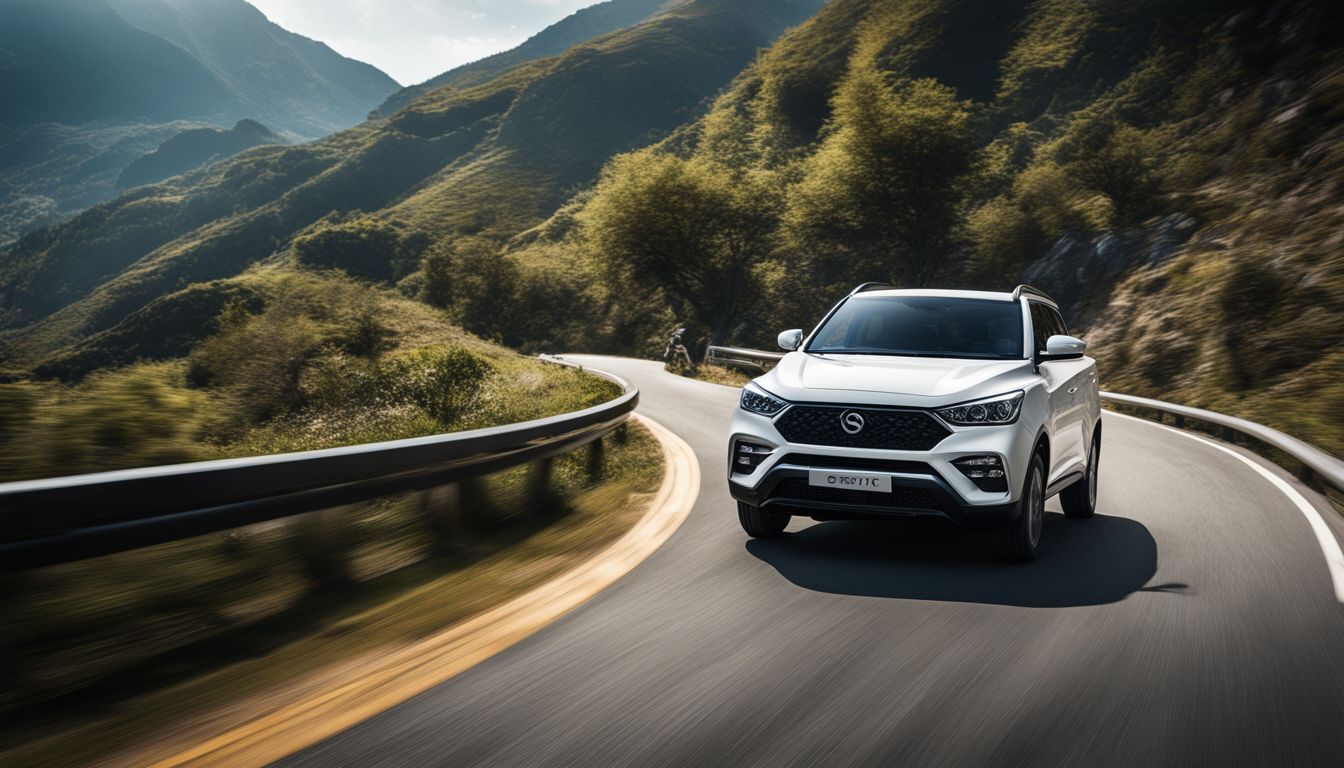 A sleek SsangYong vehicle drives through a scenic mountain road.