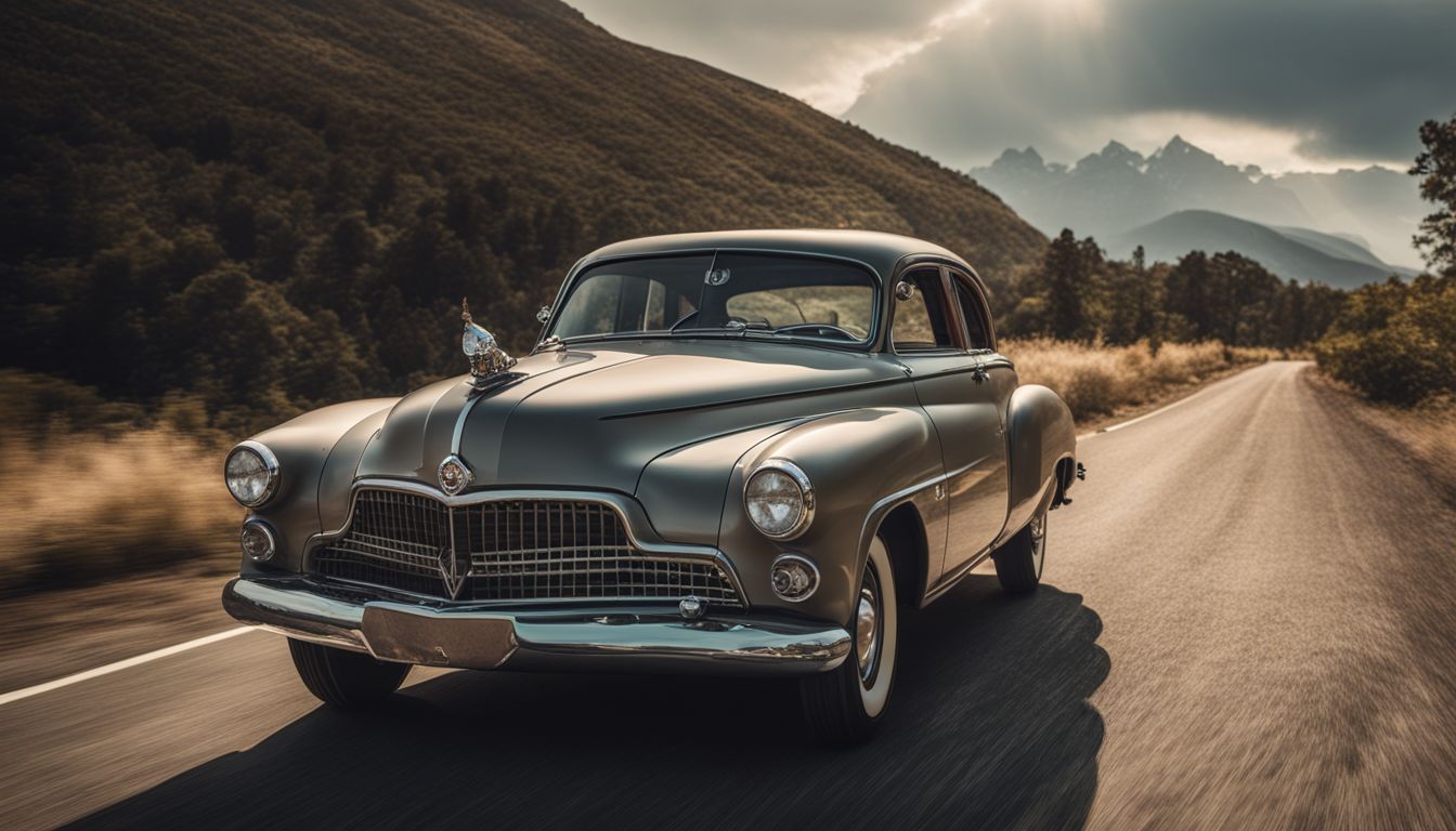 A vintage Studebaker car drives through scenic landscapes in a bustling atmosphere.