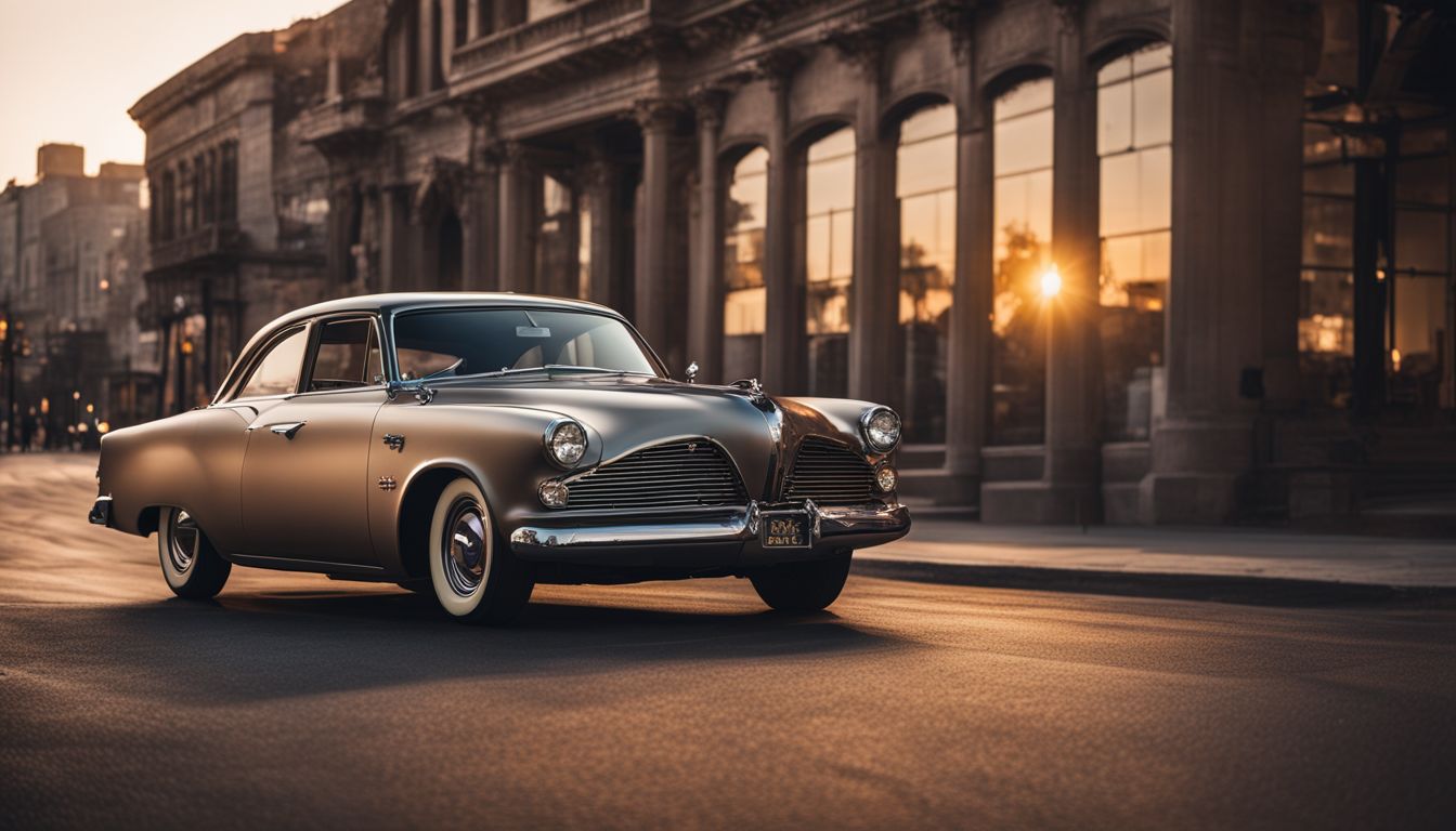 A vintage Studebaker car in a cityscape at sunset.