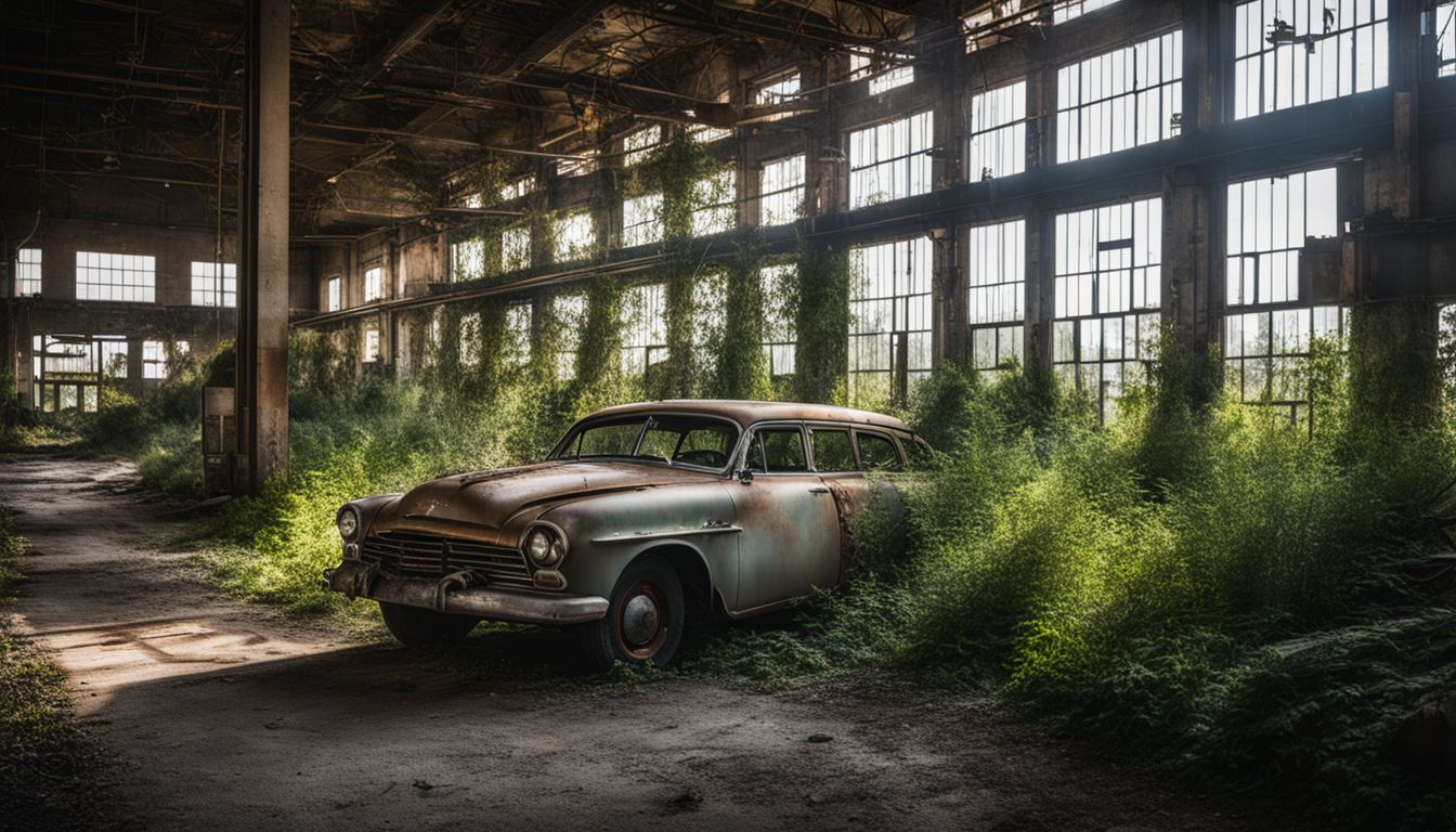 An abandoned Studebaker factory with overgrown vegetation in a bustling atmosphere.