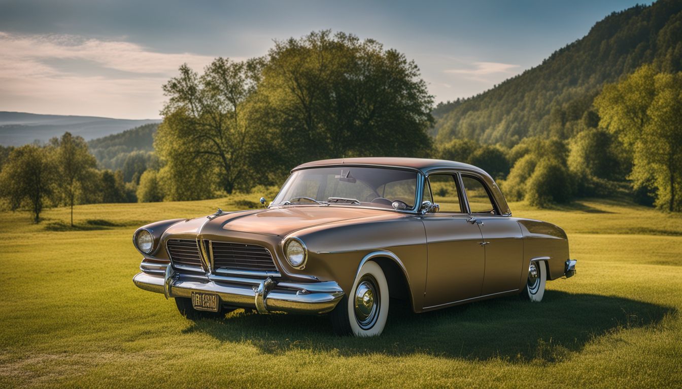 A vintage Studebaker automobile parked in a picturesque countryside landscape.