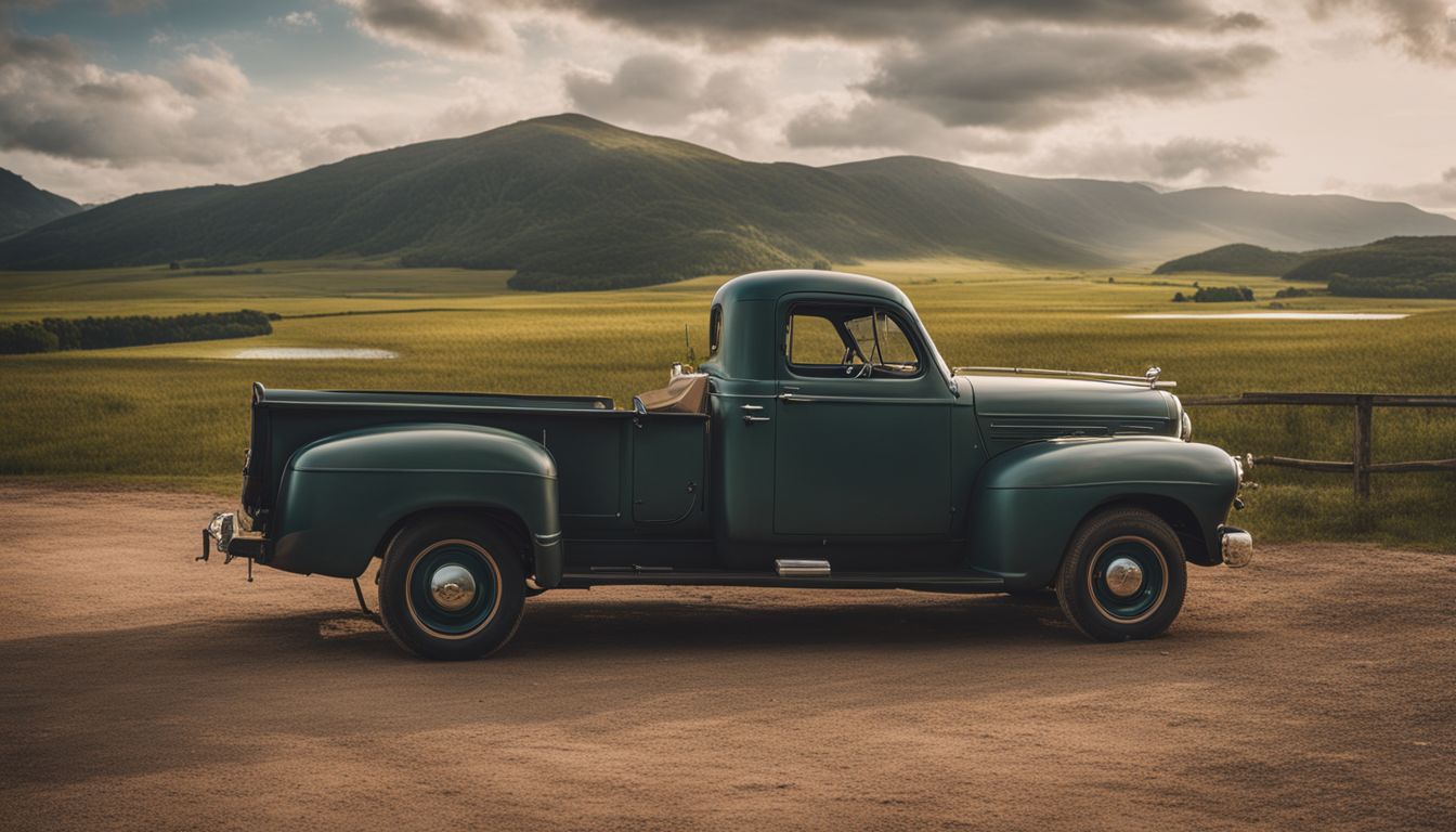 A vintage Studebaker truck parked in a scenic countryside landscape.