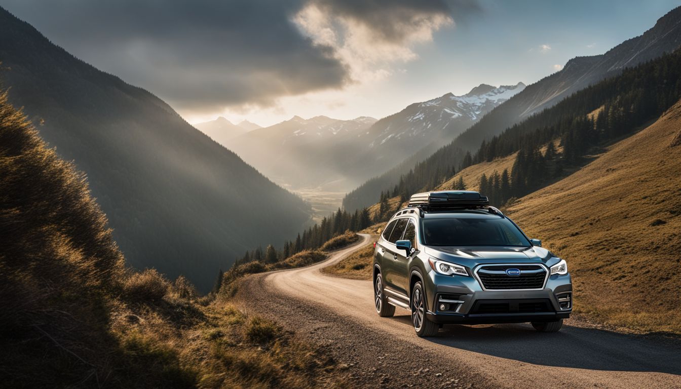 A Subaru Ascent tows a trailer through a scenic mountain road.