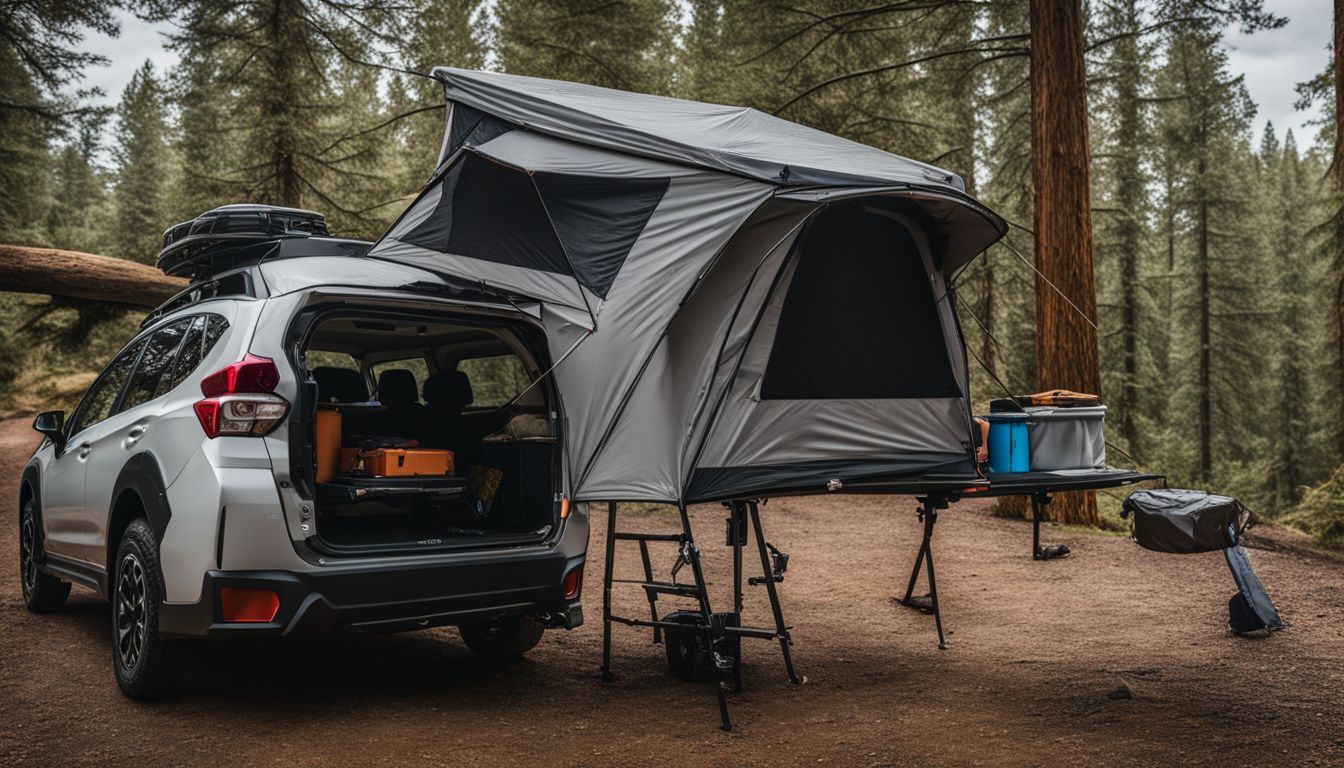 A Subaru Crosstrek pulls a compact camper trailer in outdoor adventure photography.