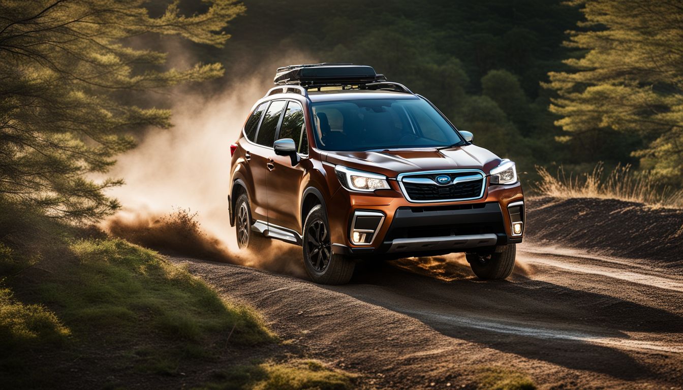 A Subaru Forester driving through a rugged off-road trail.