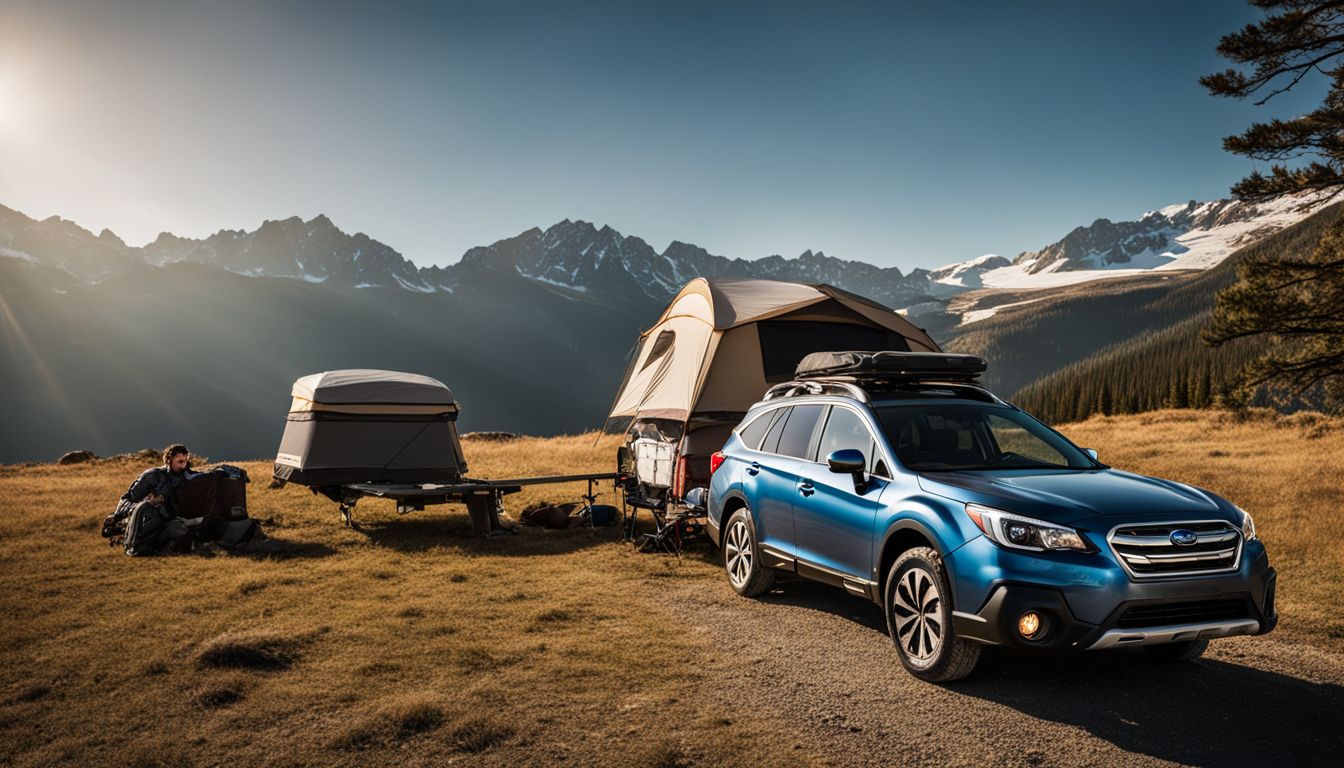 A Subaru Outback tows a camping trailer in a scenic mountain landscape.