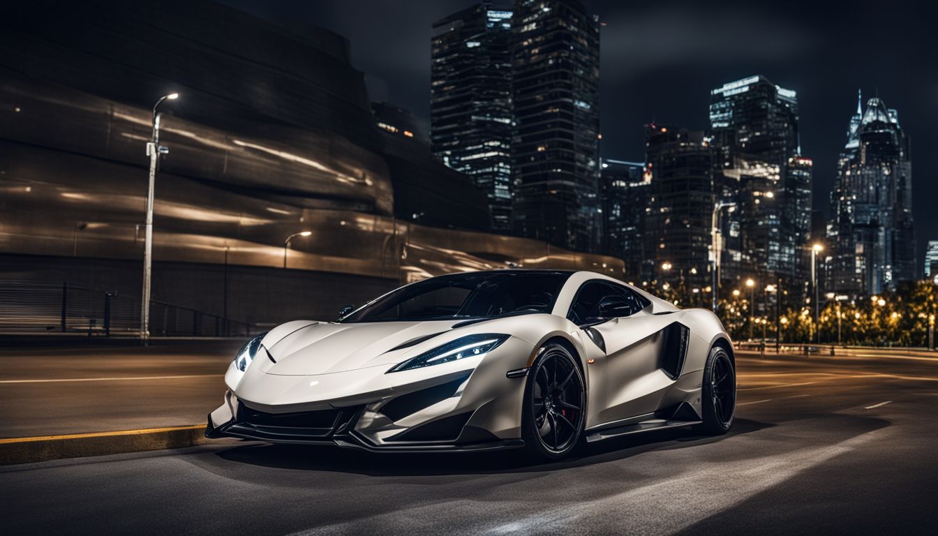 A photo of a sleek sports car captured in a cityscape at night.