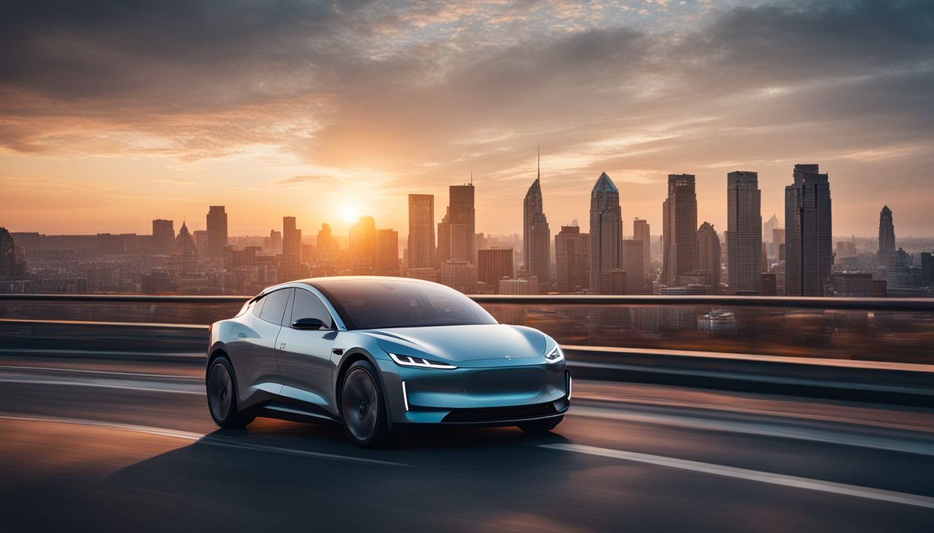 An electric car drives through a futuristic cityscape at sunset.
