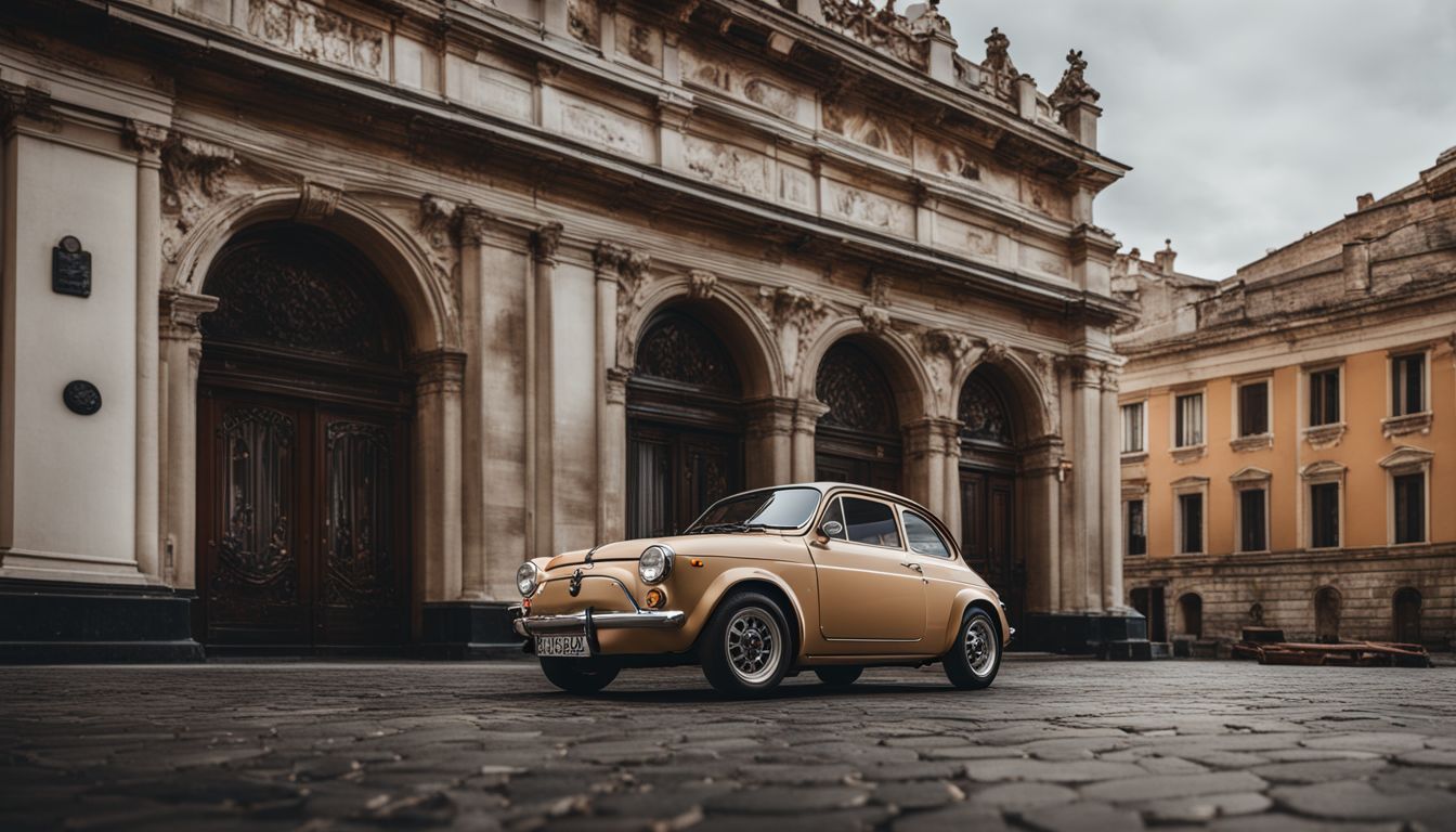 A vintage Abarth car parked in front of a historic building.