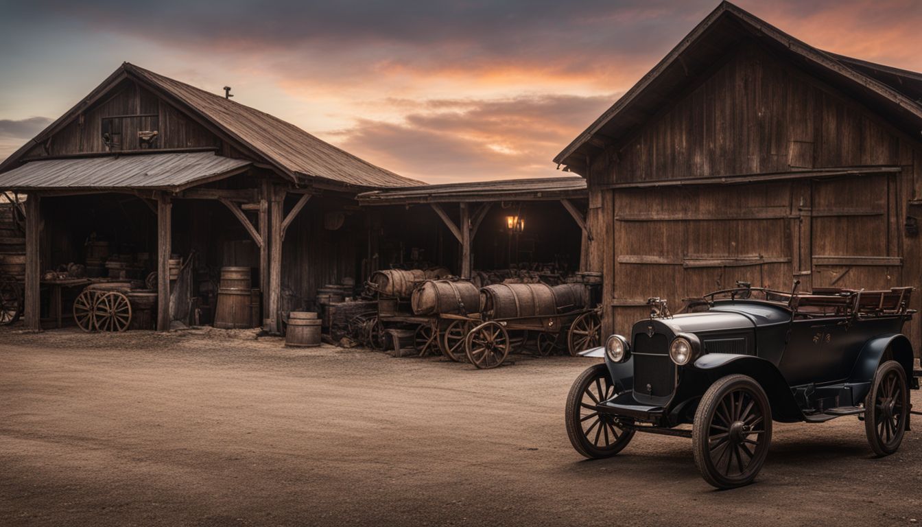 A historic blacksmith shop with Studebaker wagons outside.