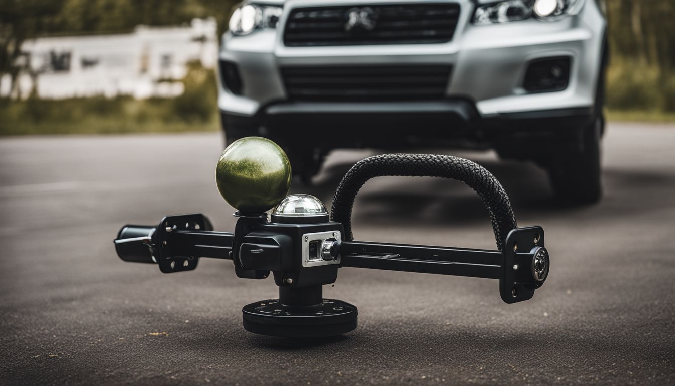 A close-up of a towing car's hitch with various towing equipment.