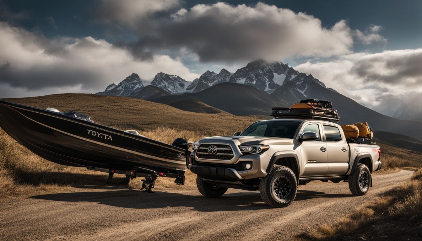 A Toyota Tacoma towing a boat on a rugged mountain road.