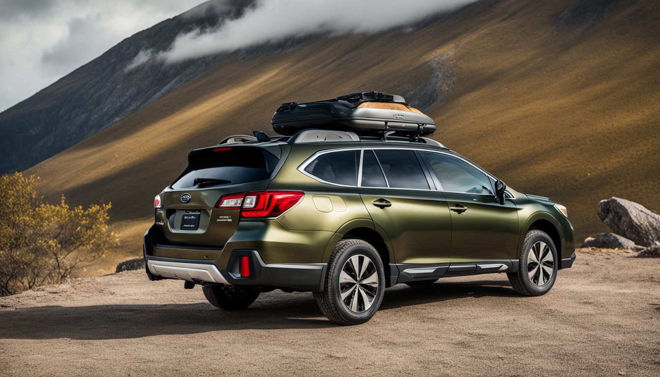 A Subaru Outback with a trailer hitch parked in front of a mountain backdrop.