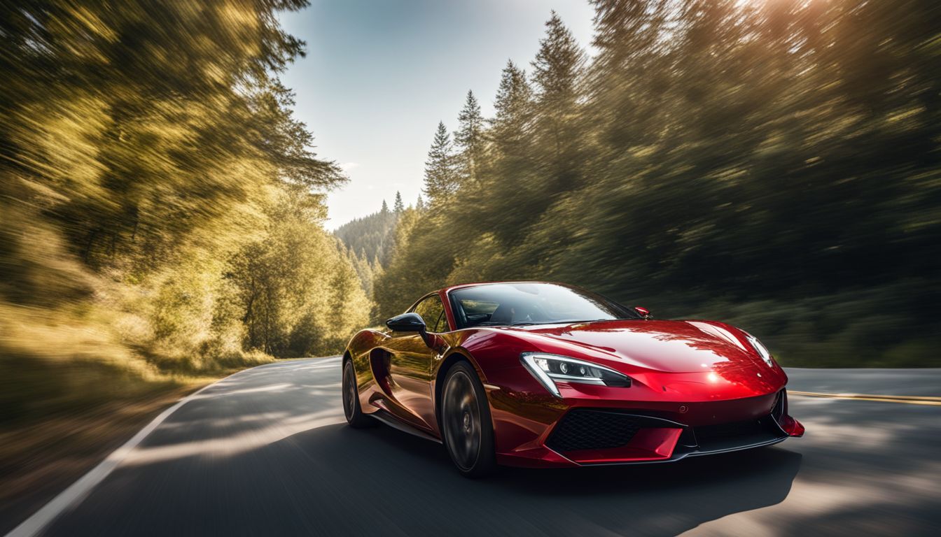 A vibrant red sports car speeds down an open road.