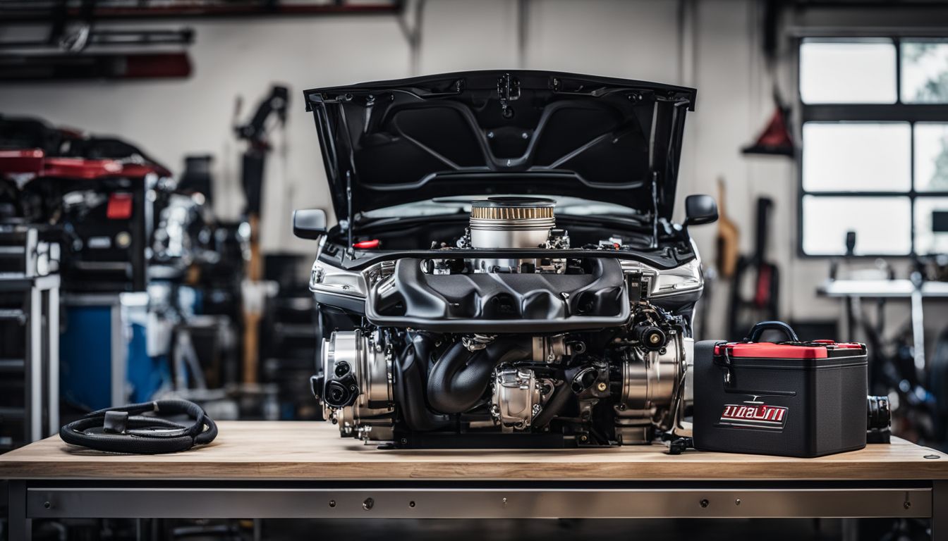 A perfectly displayed LS7 engine surrounded by professional automotive tools.