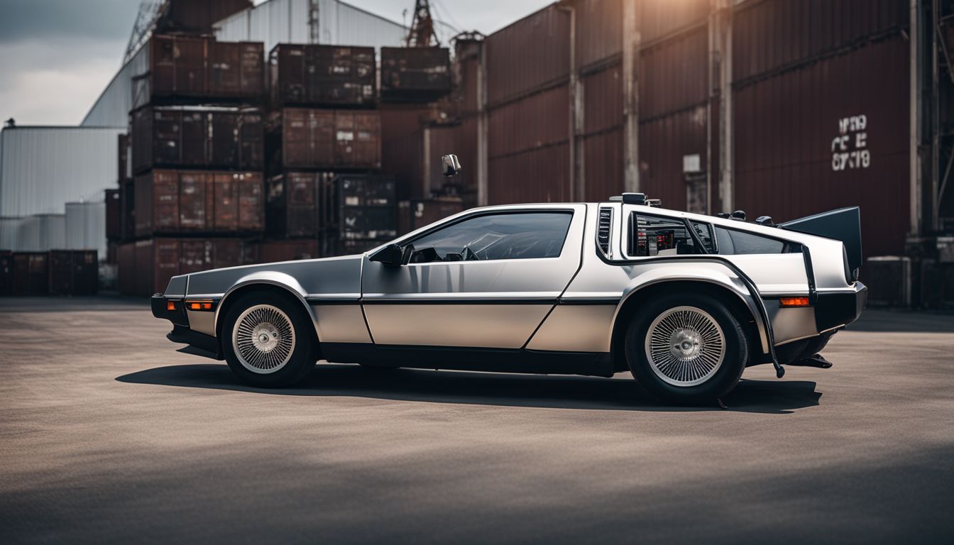 A classic Delorean car parked in front of an industrial backdrop.