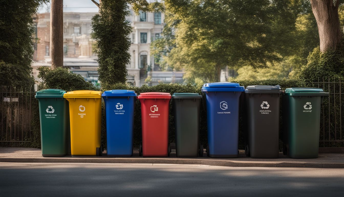 An array of colorful recycling bins featuring various waste categories.