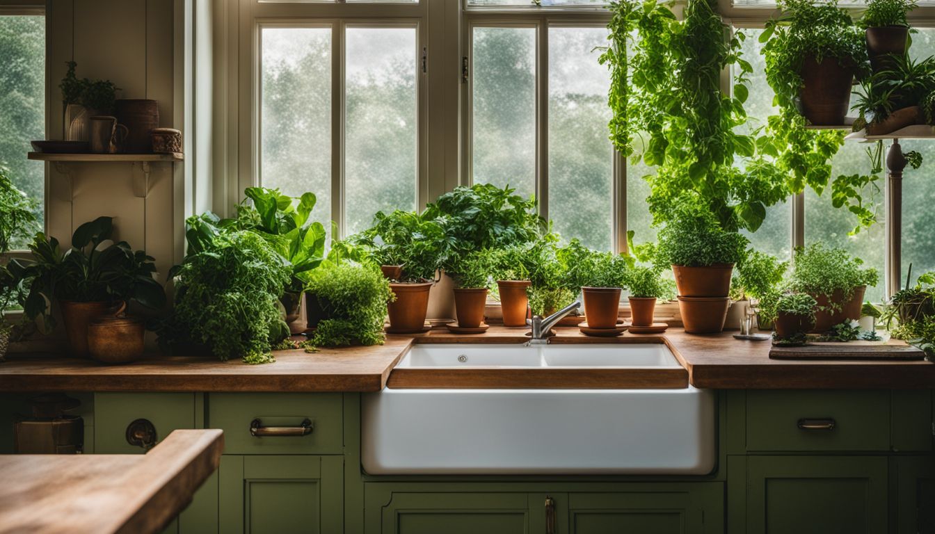A kitchen garden window with a variety of plants.
