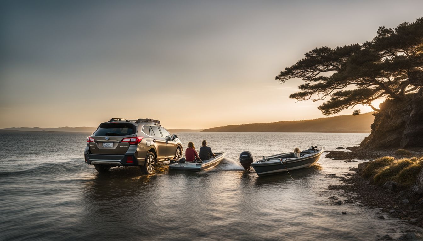 A Subaru Outback tows a boat in a scenic coastal landscape.