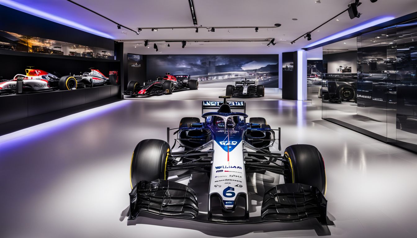 The Williams Experience Centre showcases iconic Formula 1 cars and cityscape photography.