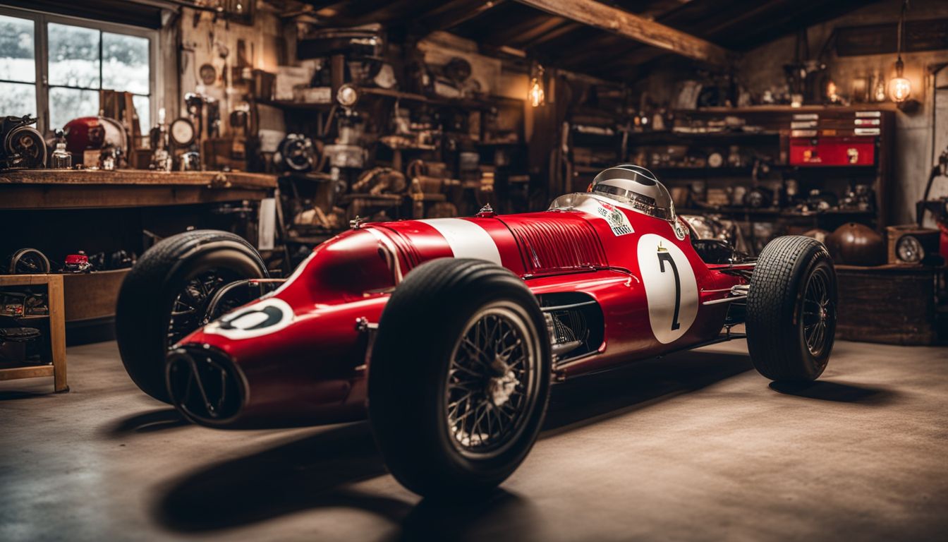 An antique Formula One car in a vintage garage surrounded by F1 memorabilia.