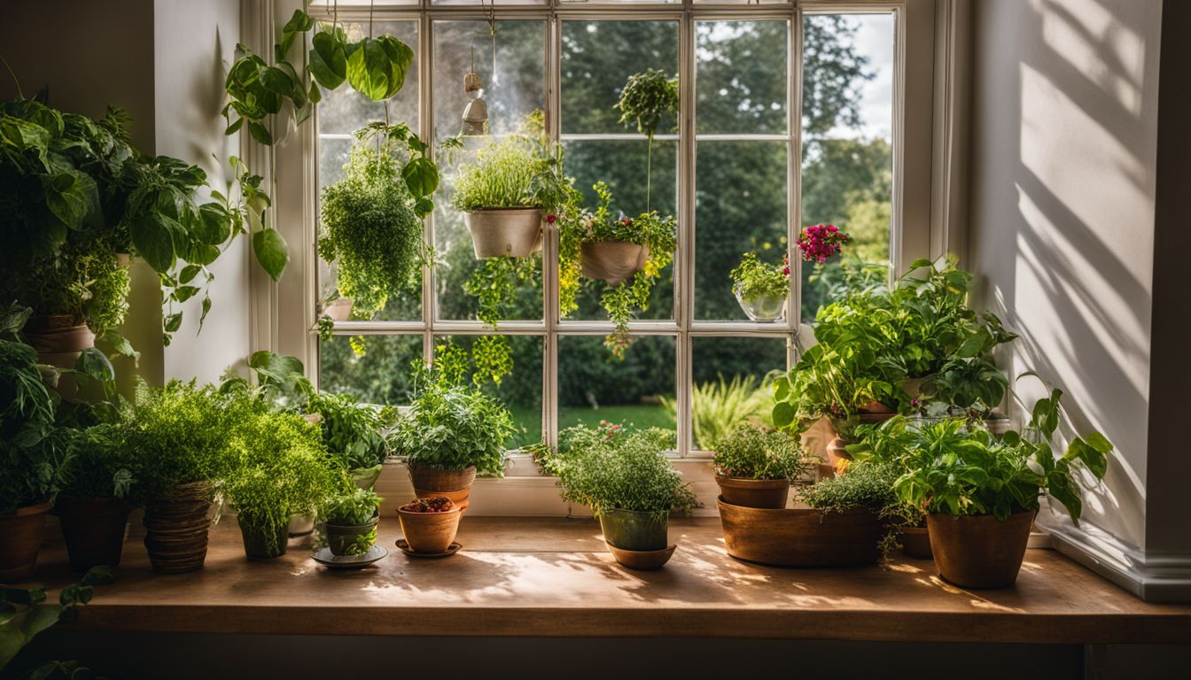 A window filled with a variety of vibrant plants and herbs.